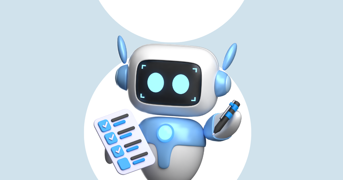 3D robot holding a checklist representing automation services, precision, and smart technology solutions.