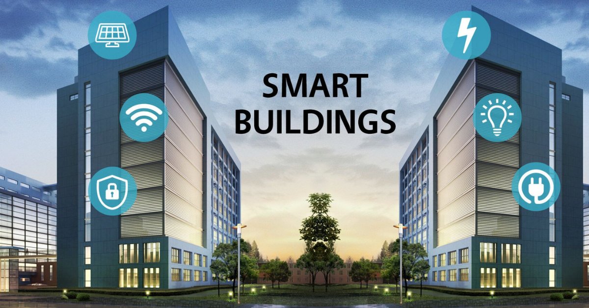 Illustration of smart building automation with centralized control of lighting, HVAC, and security systems.