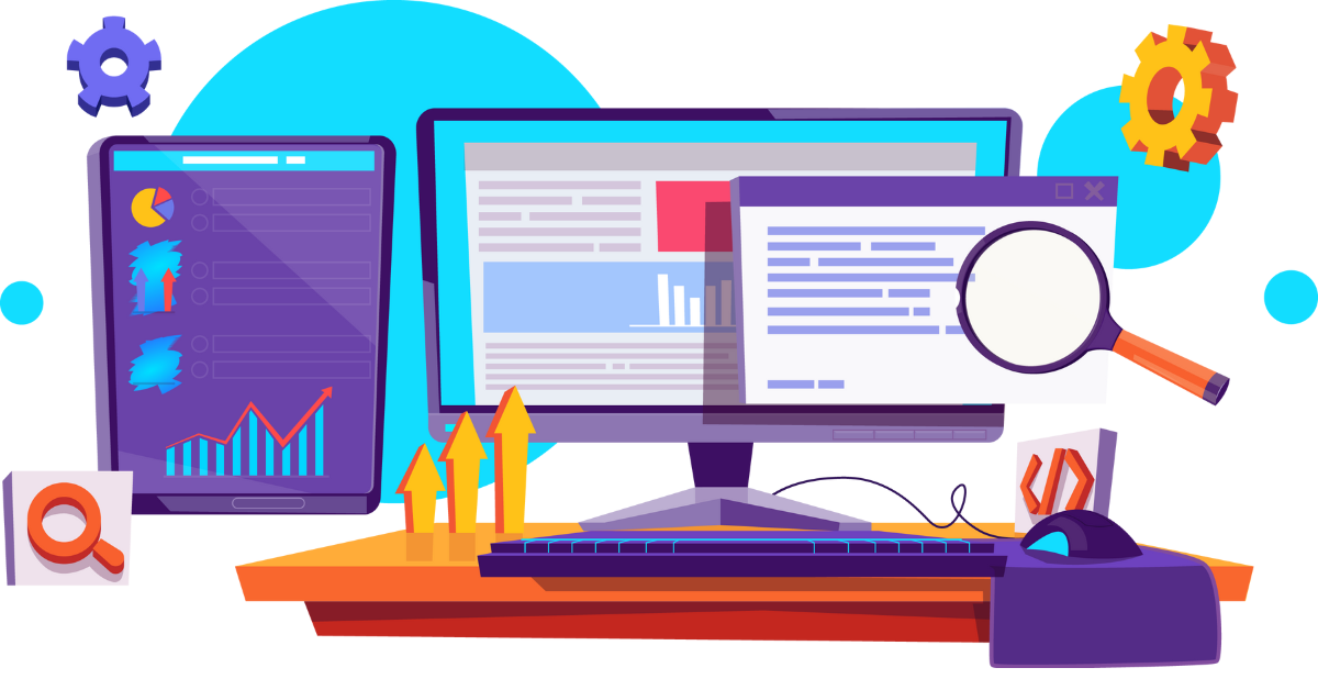 Illustration showing business analytics graphs, receipts, charts, and customizable computer screens representing Smart ECP's powerful business management features