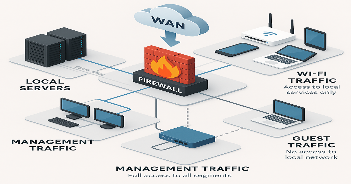 3D network segmentation diagram with WAN input routed to segmented LANs via firewall.