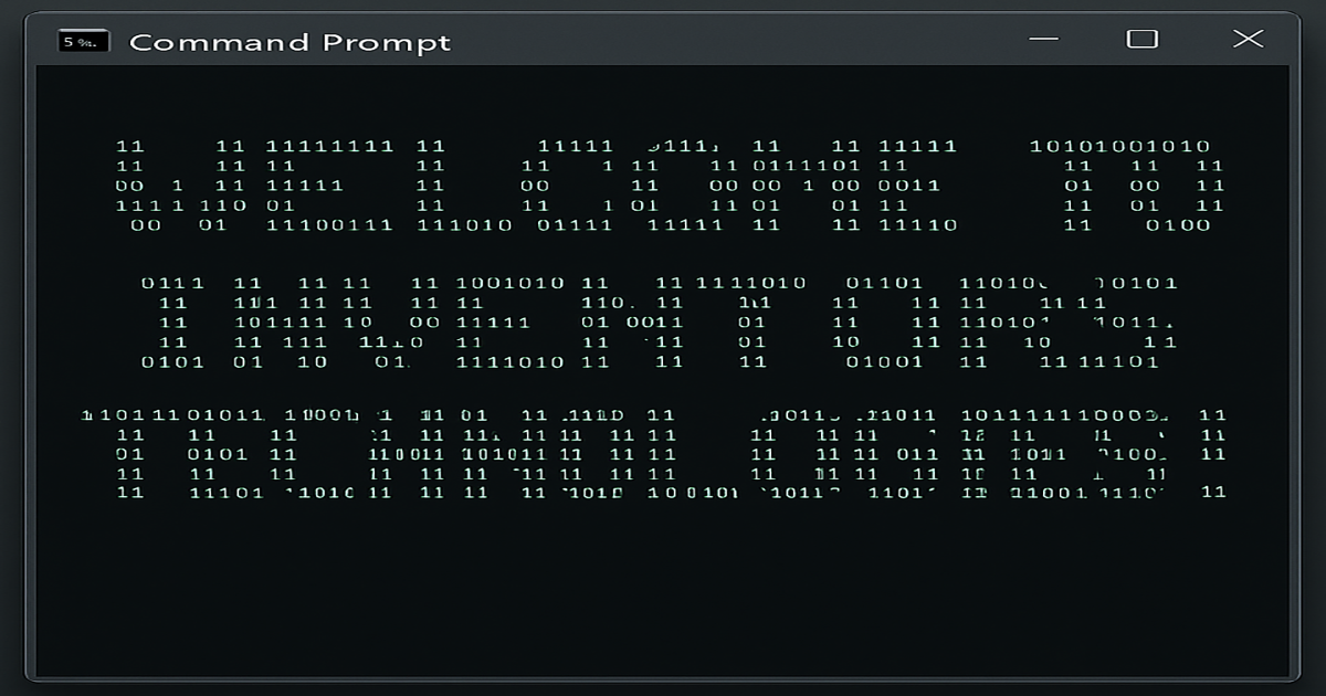 Command prompt window displaying 'Welcome to Inventors Technologies!' in binary style
