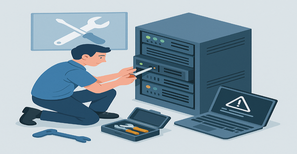 Technician repairing server rack in a data center environment